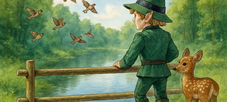 Image content: Morgel Story 1 - Morgel and the Community at the Komstkoch Pond - The cover image shows the Komstkoch Pond, surrounded by dense forest. The forest goblin Morgel and the fawn stand on the bank, gazing out over the water. Sparrows flutter in the sky.