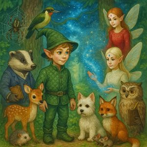 Image content: Morgel Stories by Jens K. Carl - The cover shows some members of the community at Komstkochsteich. The forest goblin Munk Orgu-Telas, the teacher Badger, the tawny owl Schröder, the cross spider Esmeralda, the forest fairies Adele and Regina, the fox Waldemar, the mice Mio and Pio, the dog Antony vom Leinetal, the fawn, and the hedgehog Stachel.